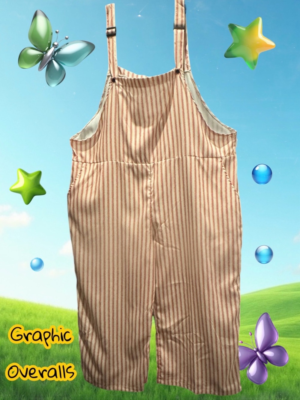 Halloween Costume Oversized Mock Overalls - Red & Beige Pinstripe